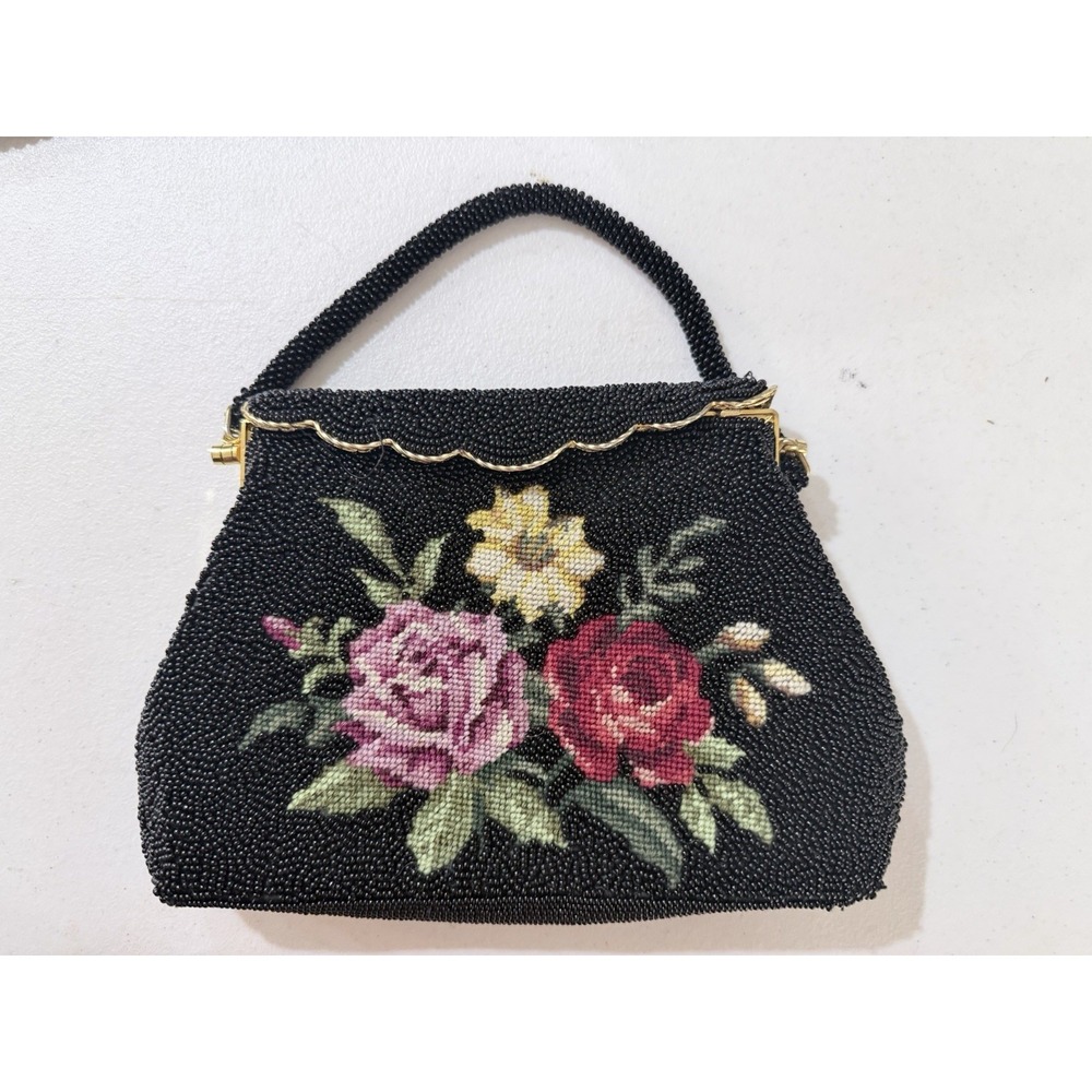 Vintage Black Beaded Handbag Floral Gold Tone Frame Hong Kong Evening Bag 8x6